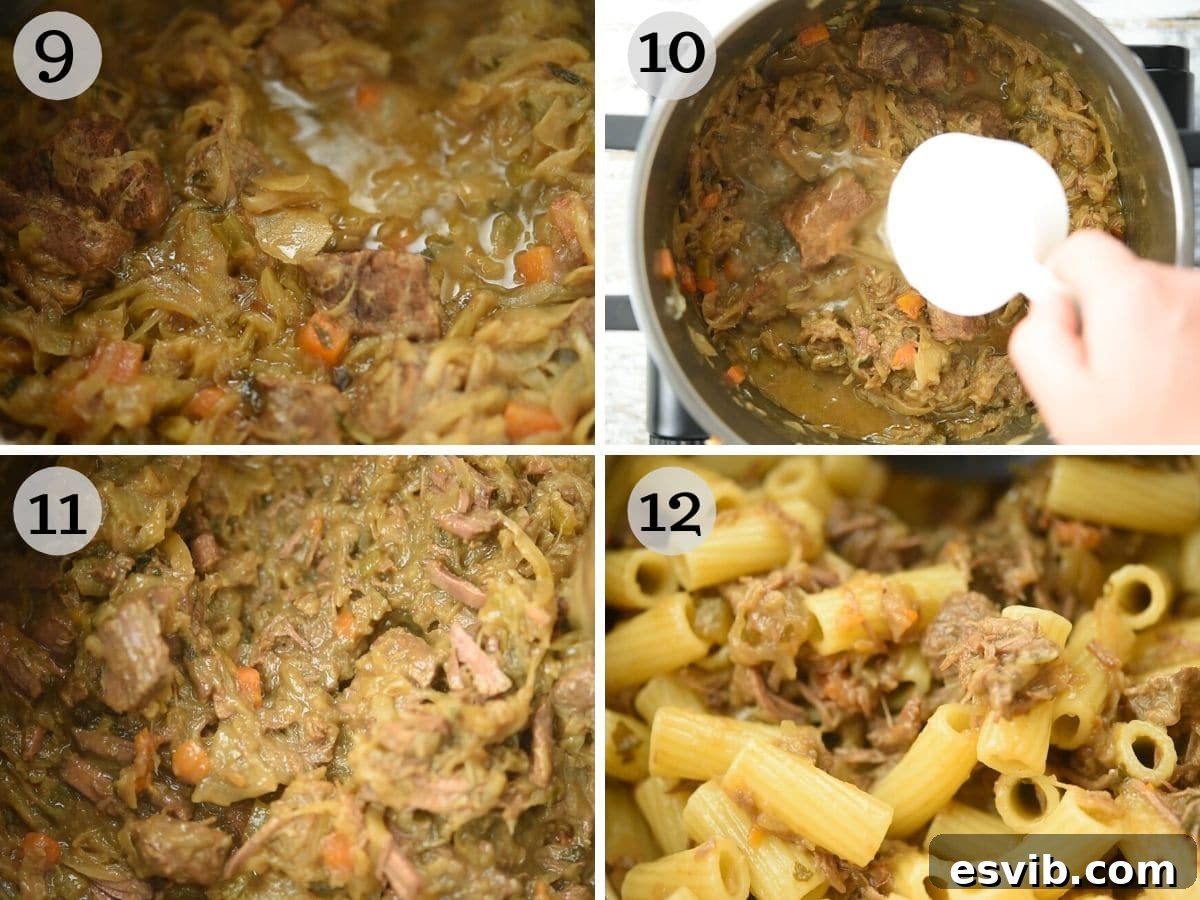 Step by step photos showing how an onion and beef sauce looks once cooked and tossed with pasta
