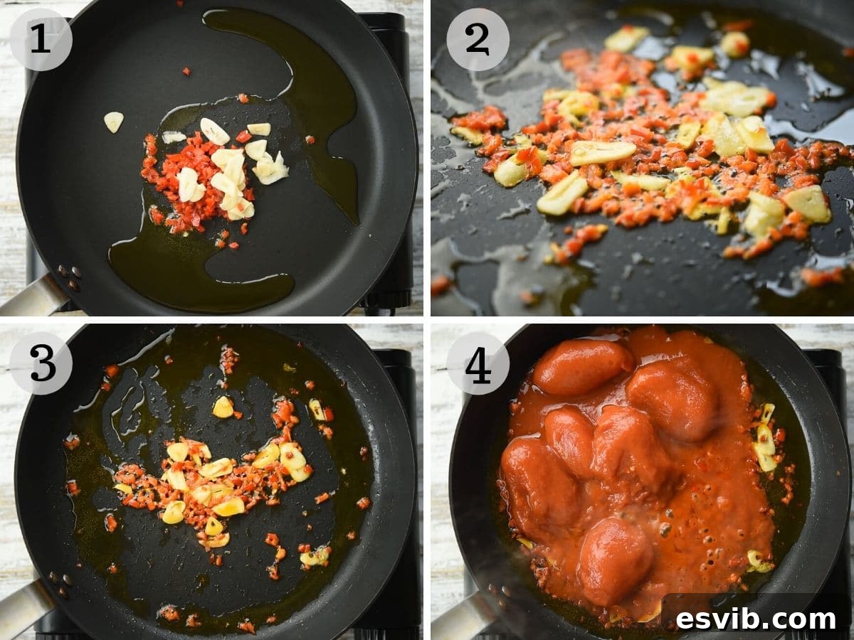 Step-by-step photo showing garlic and sliced red chilli being gently sautéed in olive oil in a pan, releasing their aromas