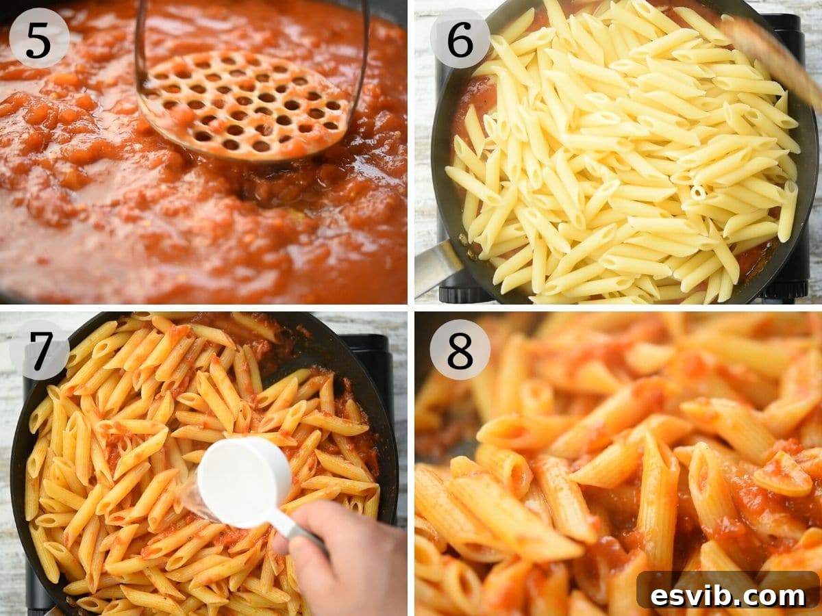 Step-by-step photo sequence showing crushed tomatoes simmering in a pan, followed by cooked penne pasta being tossed into the arrabbiata sauce for a perfect coating