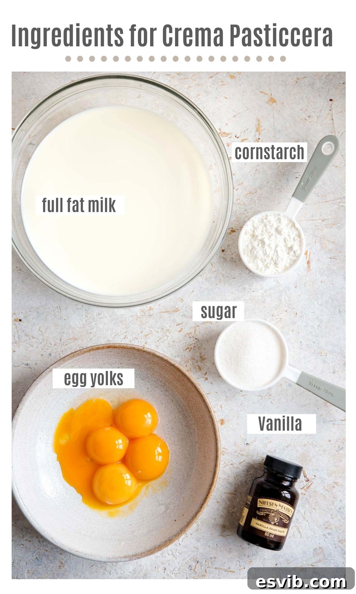 Velvety Italian Custard Cream 3 An overview of ingredients laid out on a surface, including egg yolks, sugar, cornstarch, vanilla paste, and a bottle of full-fat milk, ready to make Italian pastry cream