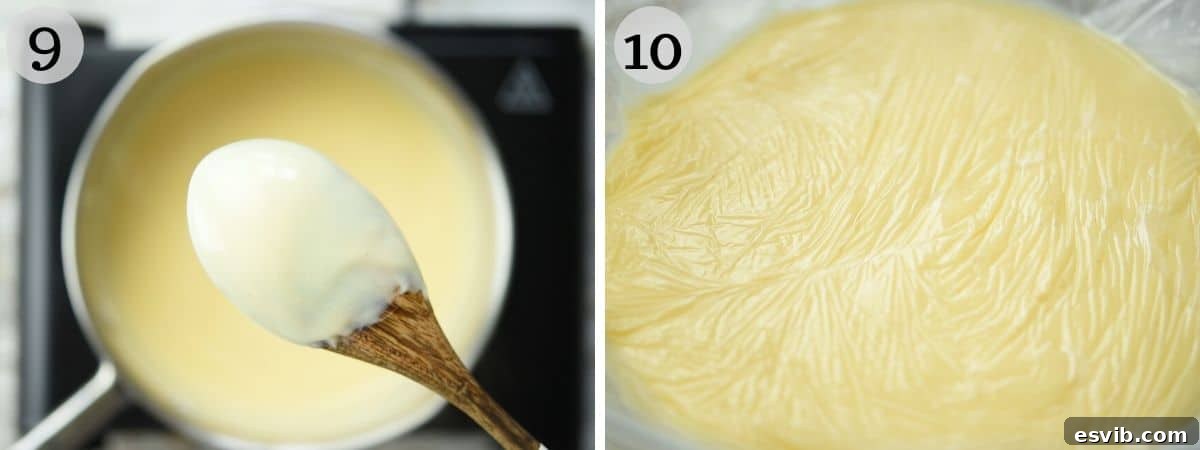 Velvety Italian Custard Cream 6 Two photos side by side: one showing the thick consistency of freshly cooked pastry cream in a bowl, and the other showing the bowl covered tightly with plastic wrap.
