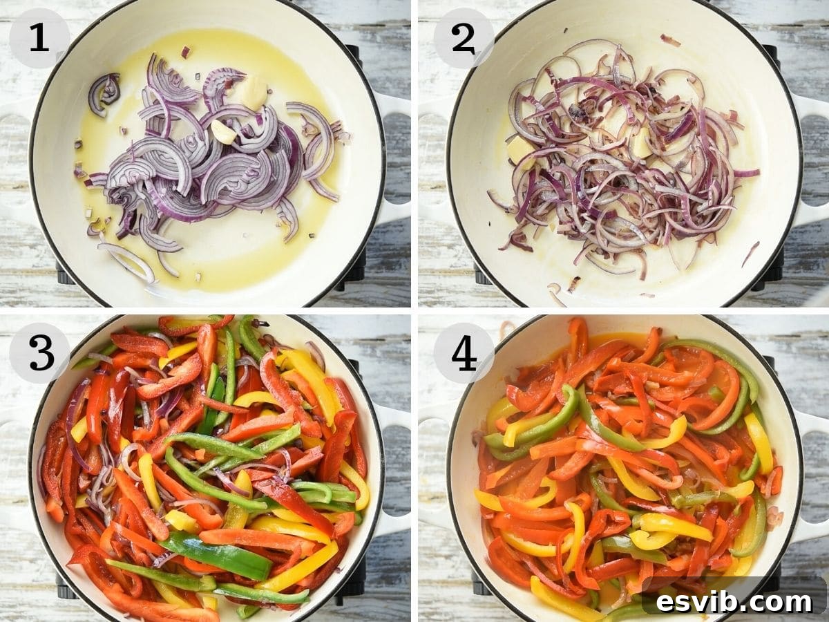 La Peperonata Italian Pepper Medley 4 Step-by-step photos illustrating the initial stages of cooking, showing sautéed onions and garlic, followed by bell peppers added to the pan