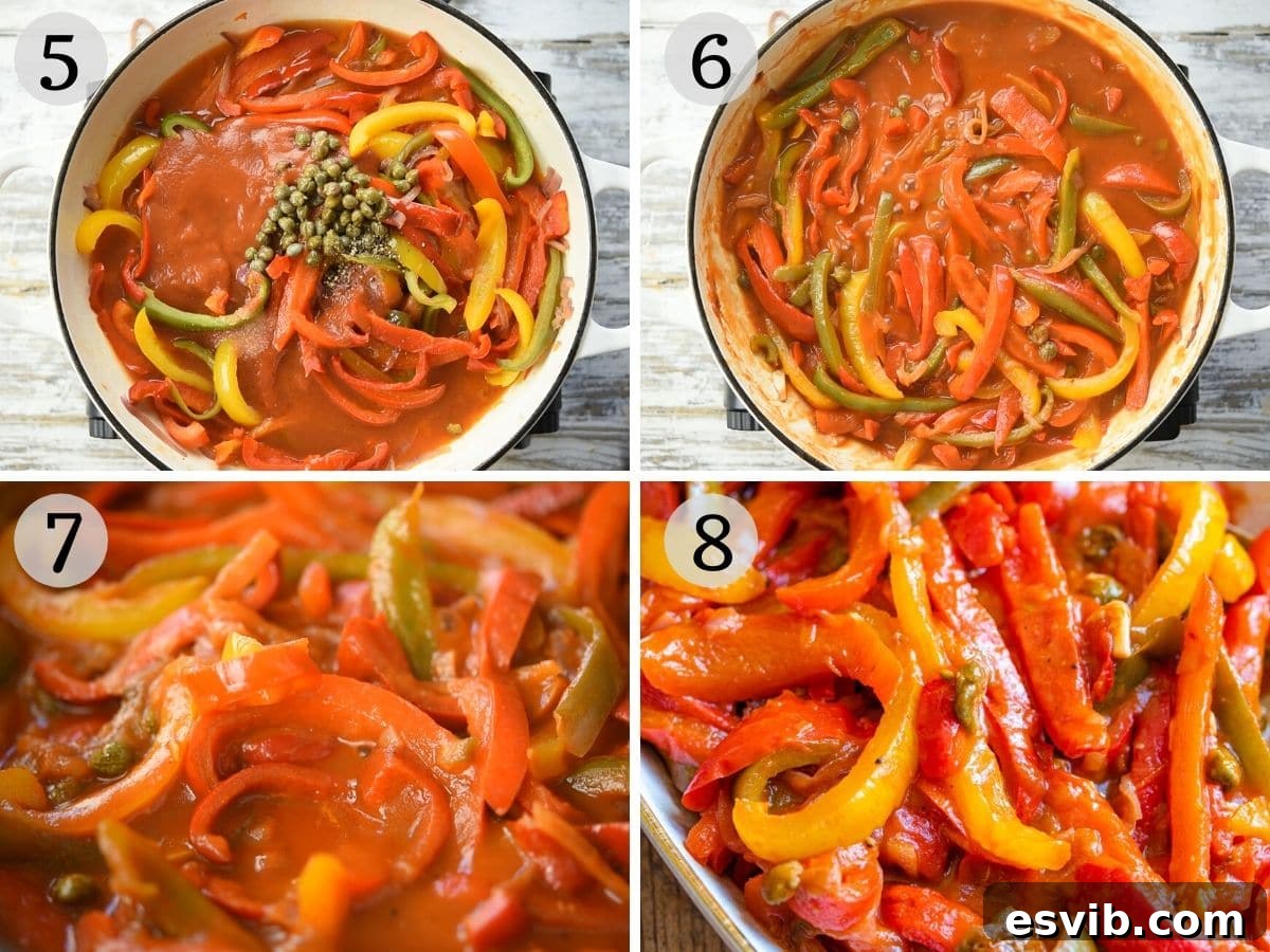 La Peperonata Italian Pepper Medley 5 Step-by-step photos showcasing the simmering process of peperonata, from adding tomatoes to the final reduced sauce