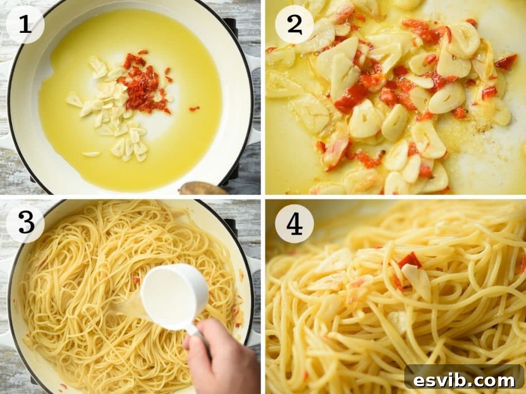 Spaghetti Aglio e Olio: Golden Garlic and Olive Oil Delight 3 Step-by-step photos showing garlic and chili infusing in olive oil, then pasta being tossed in the sauce.