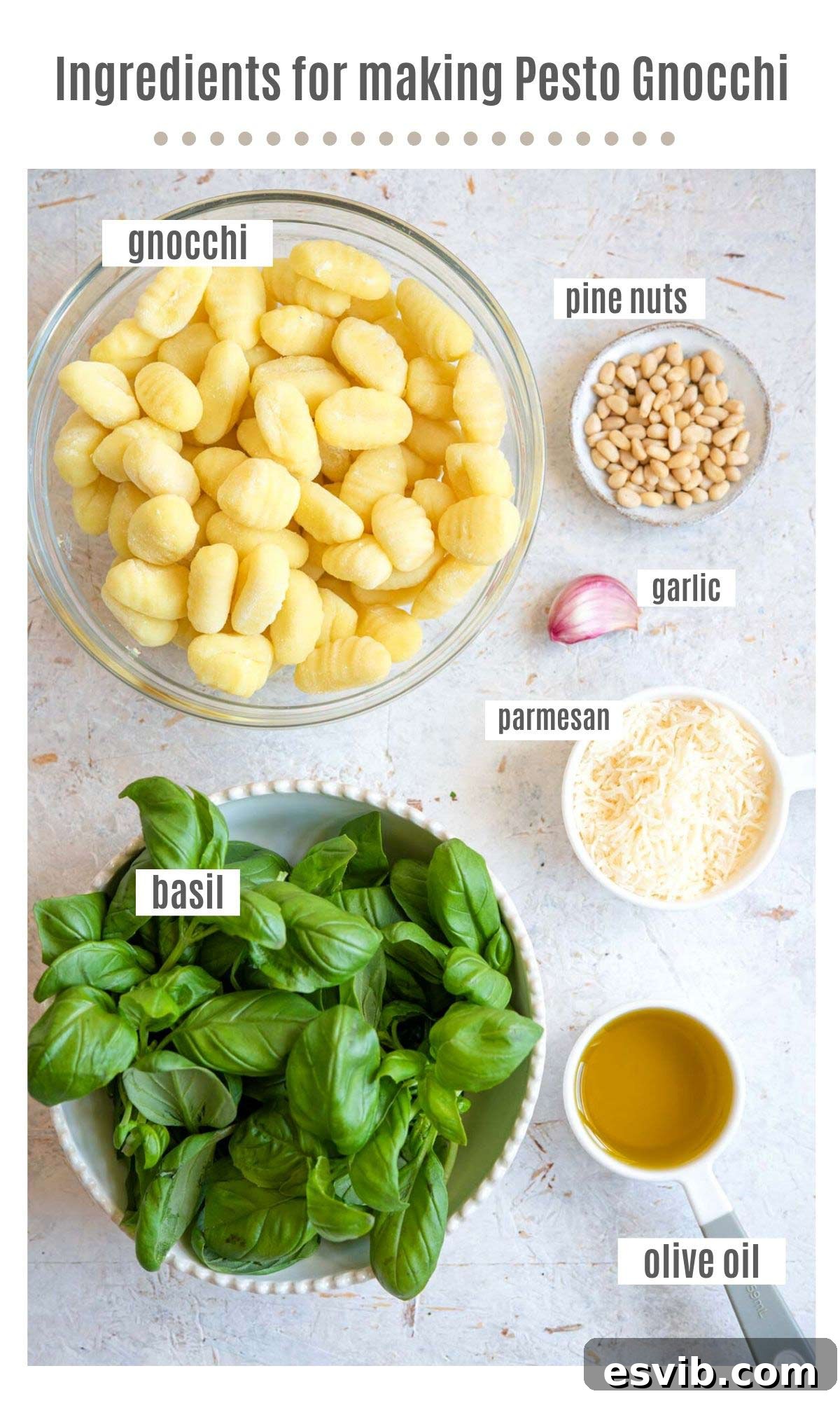 An overhead shot of ingredients needed to make pesto gnocchi