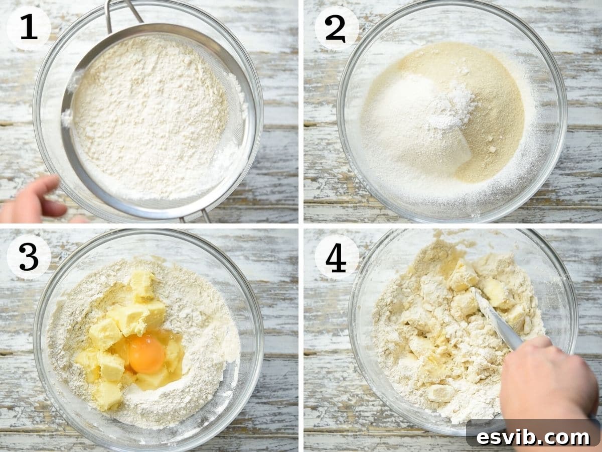 Step-by-step photos showing the initial mixing of dry ingredients and cutting in butter for Pasta Frolla.