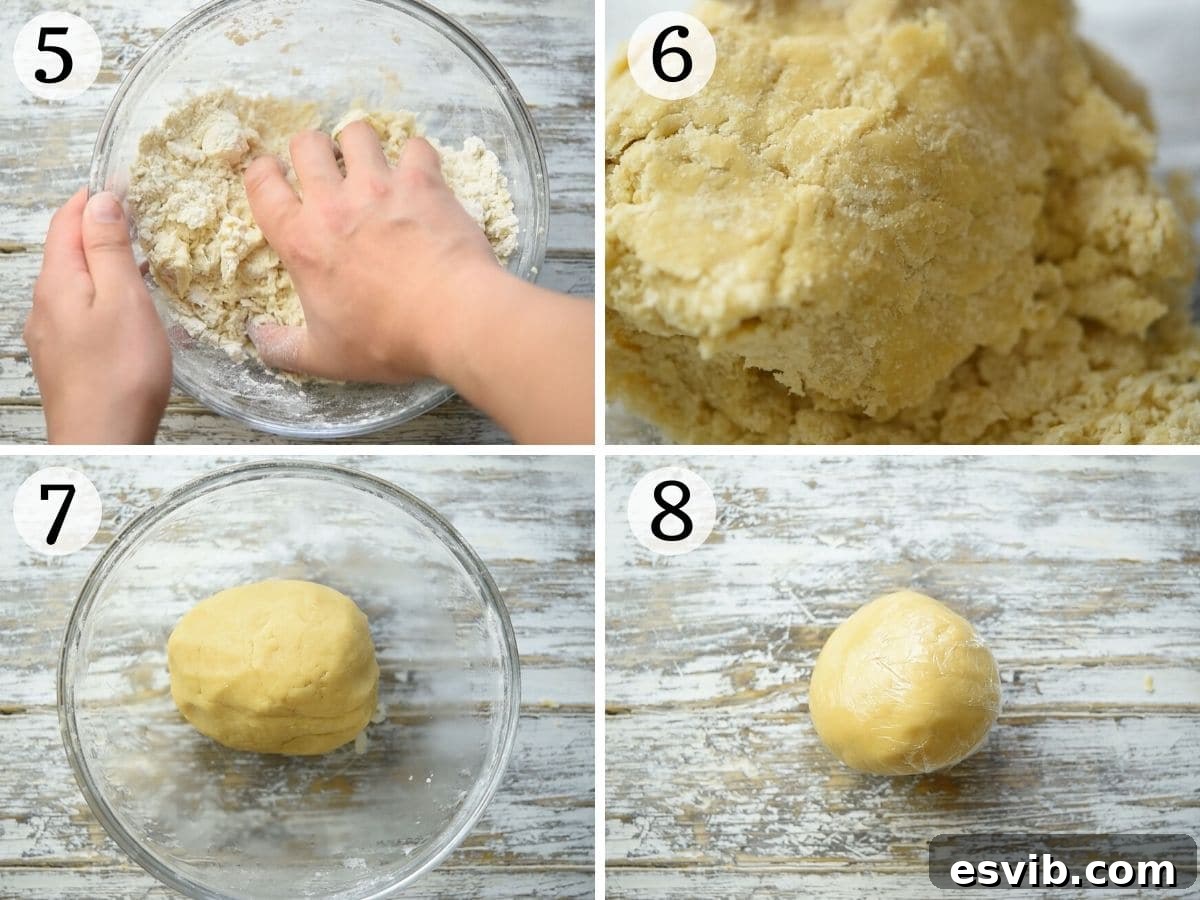 Step-by-step photos illustrating how to knead sweet shortcrust pastry and form a smooth dough ball.