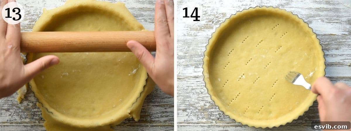 Two photos showing how to trim the edges of pastry in a tart tin and prick the base with a fork.