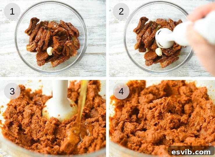 Step by step photos for making red pesto: All ingredients gathered in a bowl, ready for blending.
