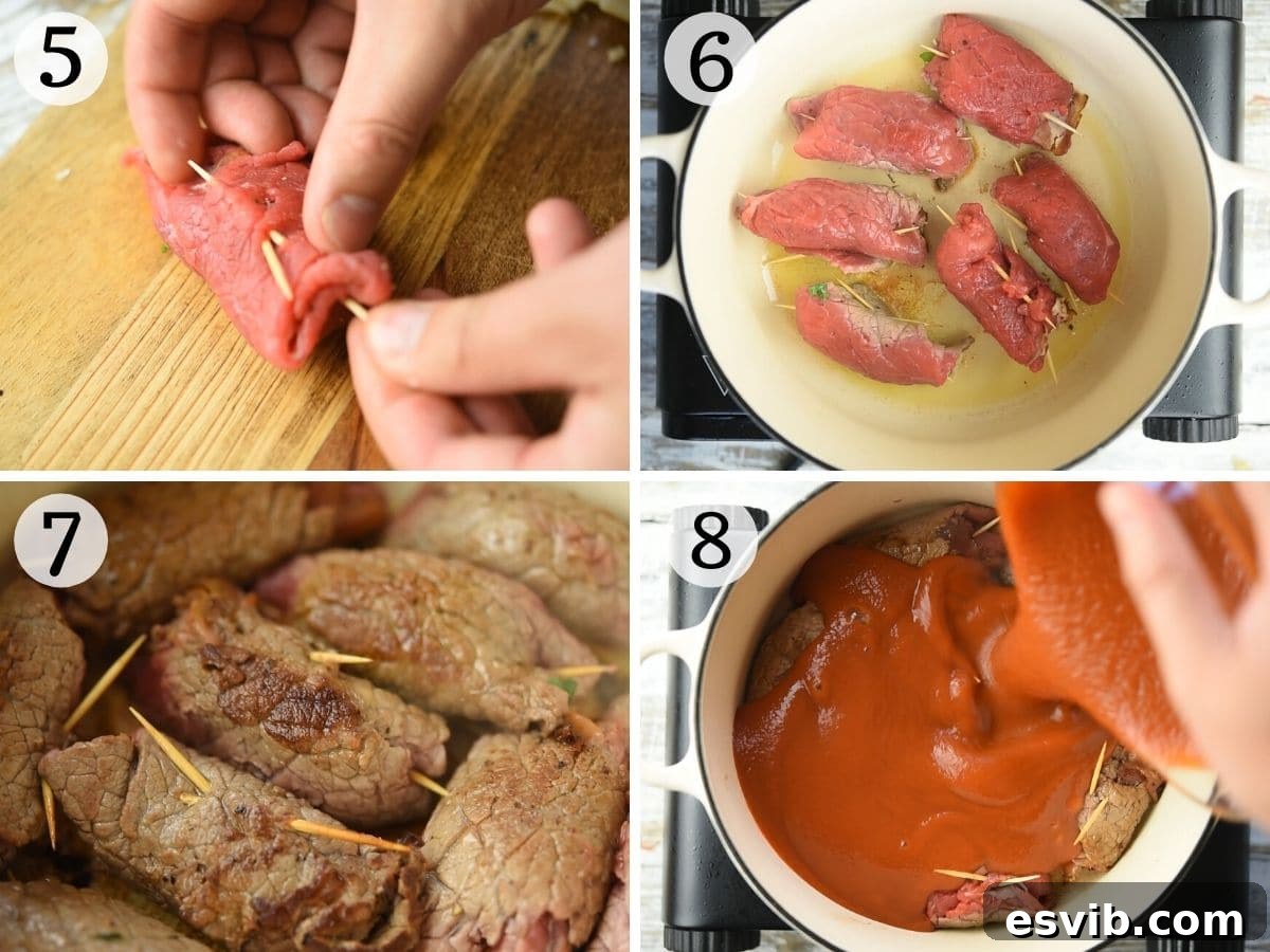 Step by step photos showing how to brown braciole
