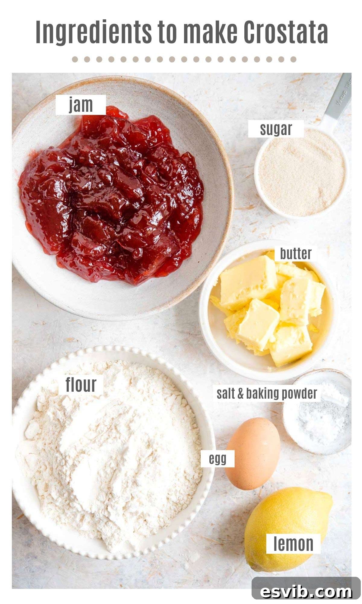 Classic Italian Jam Crostata 3 An overhead shot of all the simple, fresh ingredients meticulously laid out on a kitchen surface, demonstrating what's needed to prepare an authentic Italian crostata.