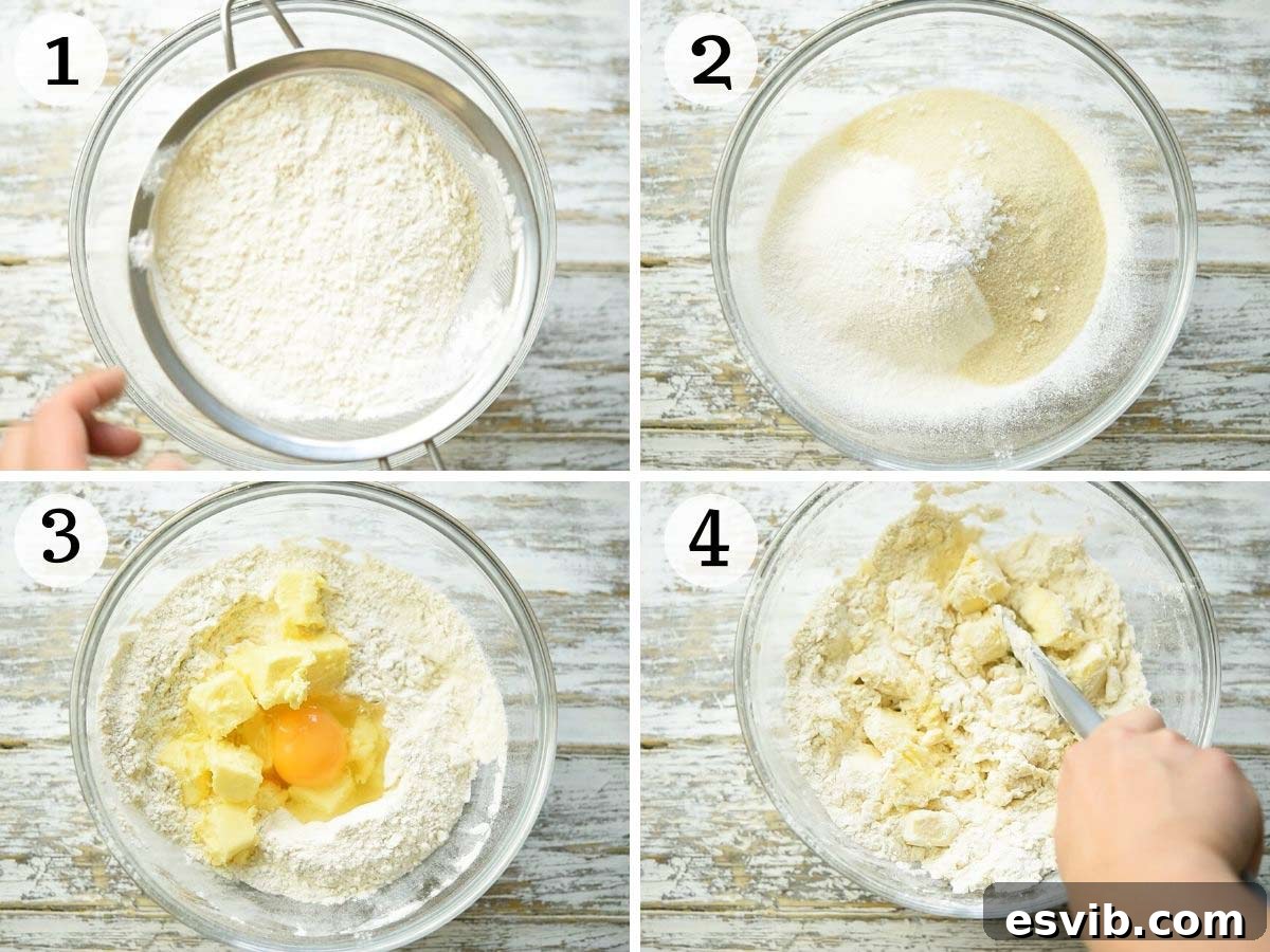 Classic Italian Jam Crostata 4 Step-by-step photos illustrating the traditional method of preparing shortcrust pastry dough from scratch, beginning with dry ingredients to the final formation of a smooth dough ball.