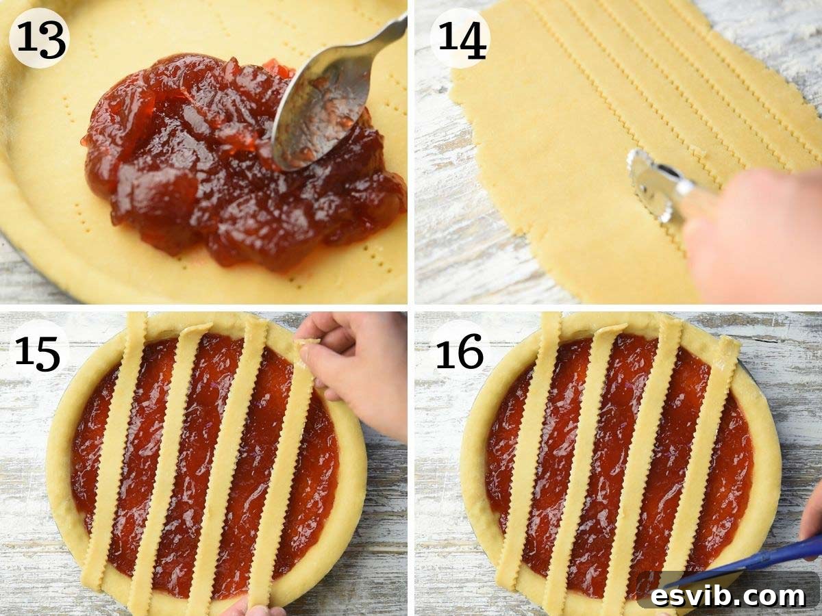 Classic Italian Jam Crostata 5 Step-by-step photographs illustrating the final stages of crostata assembly, including adding the vibrant jam filling, meticulously crafting the pastry lattice, and preparing it for baking.