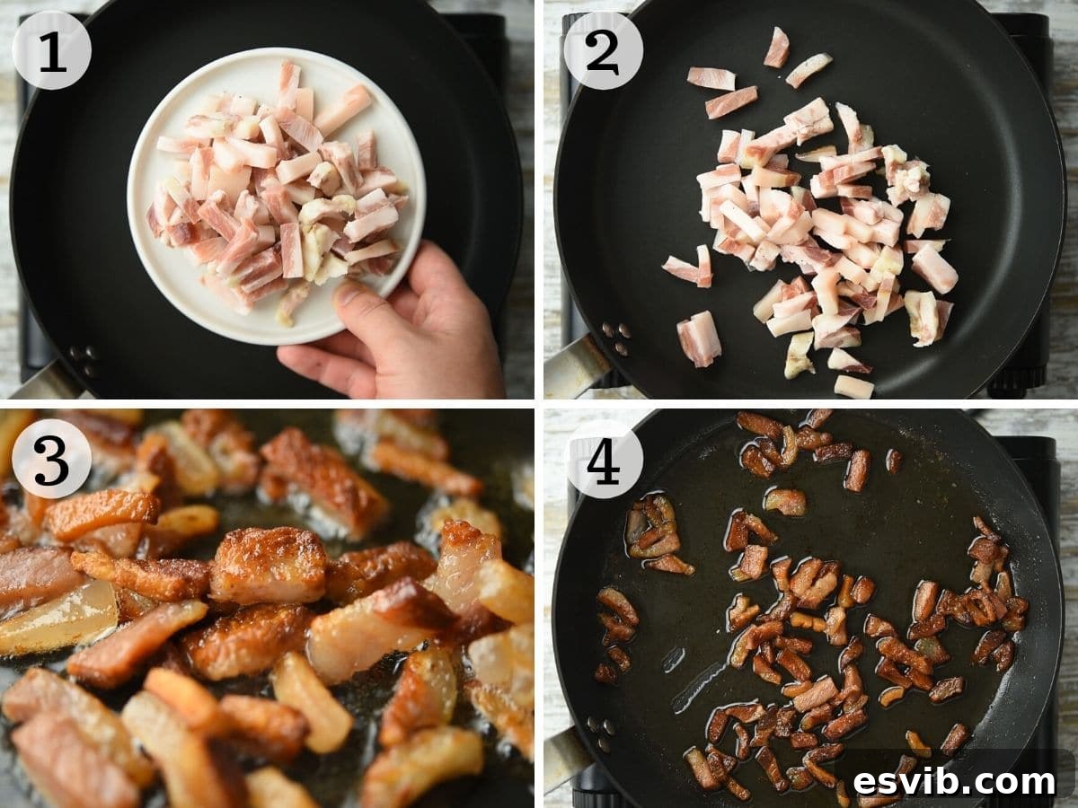 Step-by-step photos showing guanciale frying in a pan, gradually turning crispy and releasing its fat.
