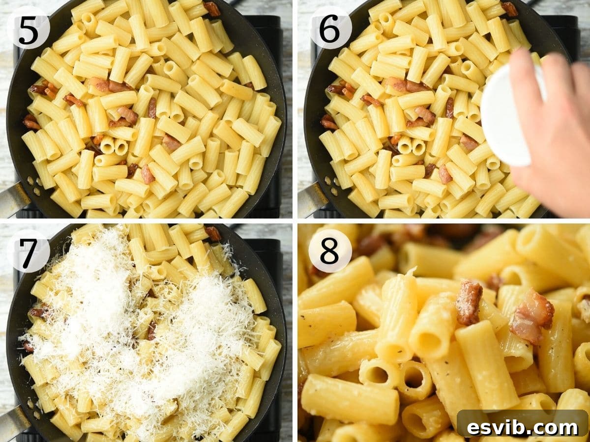 Step-by-step photos illustrating the final stages of making Pasta alla Gricia, showing pasta being tossed with guanciale, Pecorino, and pasta water in a skillet.