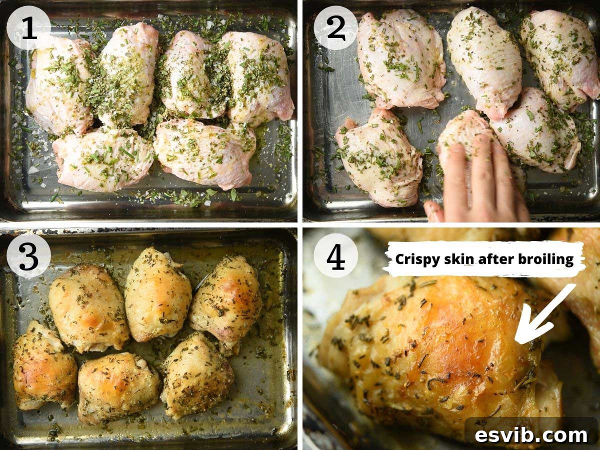 Tuscan Herb Roasted Chicken Thighs 4 Step by step photos showing how to make crispy Italian baked chicken thighs, from seasoning to baking and broiling.