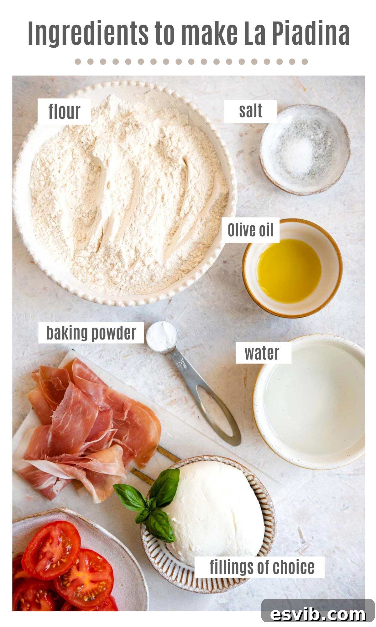 Piadina: Italy's Signature Flatbread 3 An overhead shot of all the simple ingredients required to make Piadina flatbreads, neatly arranged on a rustic surface.