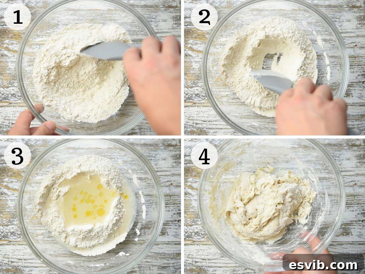 Piadina: Italy's Signature Flatbread 4 Step by step photos showing how to make Italian flatbread dough, from combining ingredients to forming a cohesive ball.