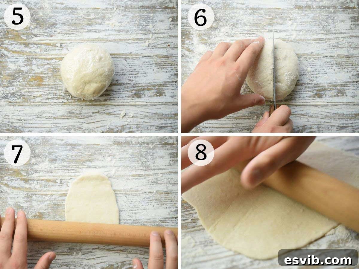 Piadina: Italy's Signature Flatbread 5 Step by step photos showing how to roll out a piadina flatbread, ensuring a thin and even disc.