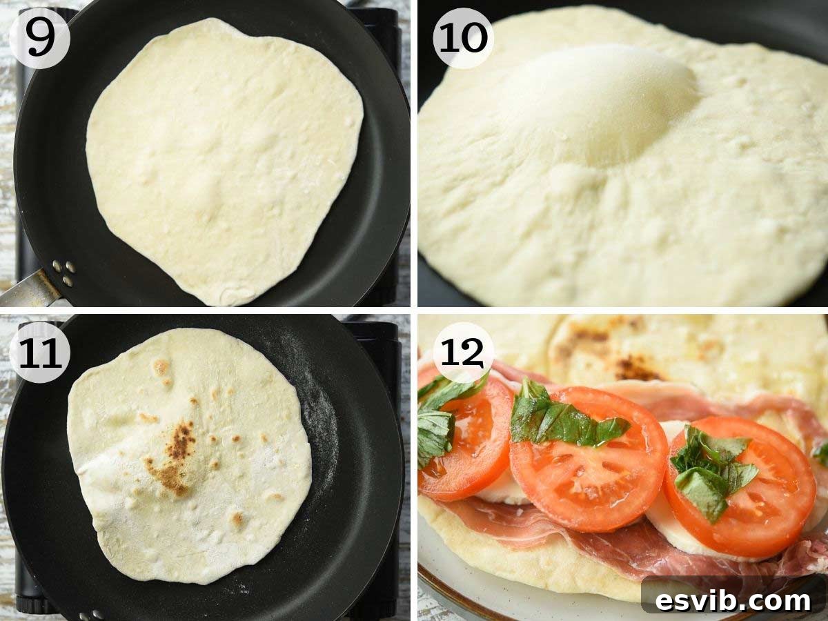 Piadina: Italy's Signature Flatbread 6 Step by step photos showing how to cook and fill a Piadina flatbread, from golden perfection to being folded with delicious ingredients.