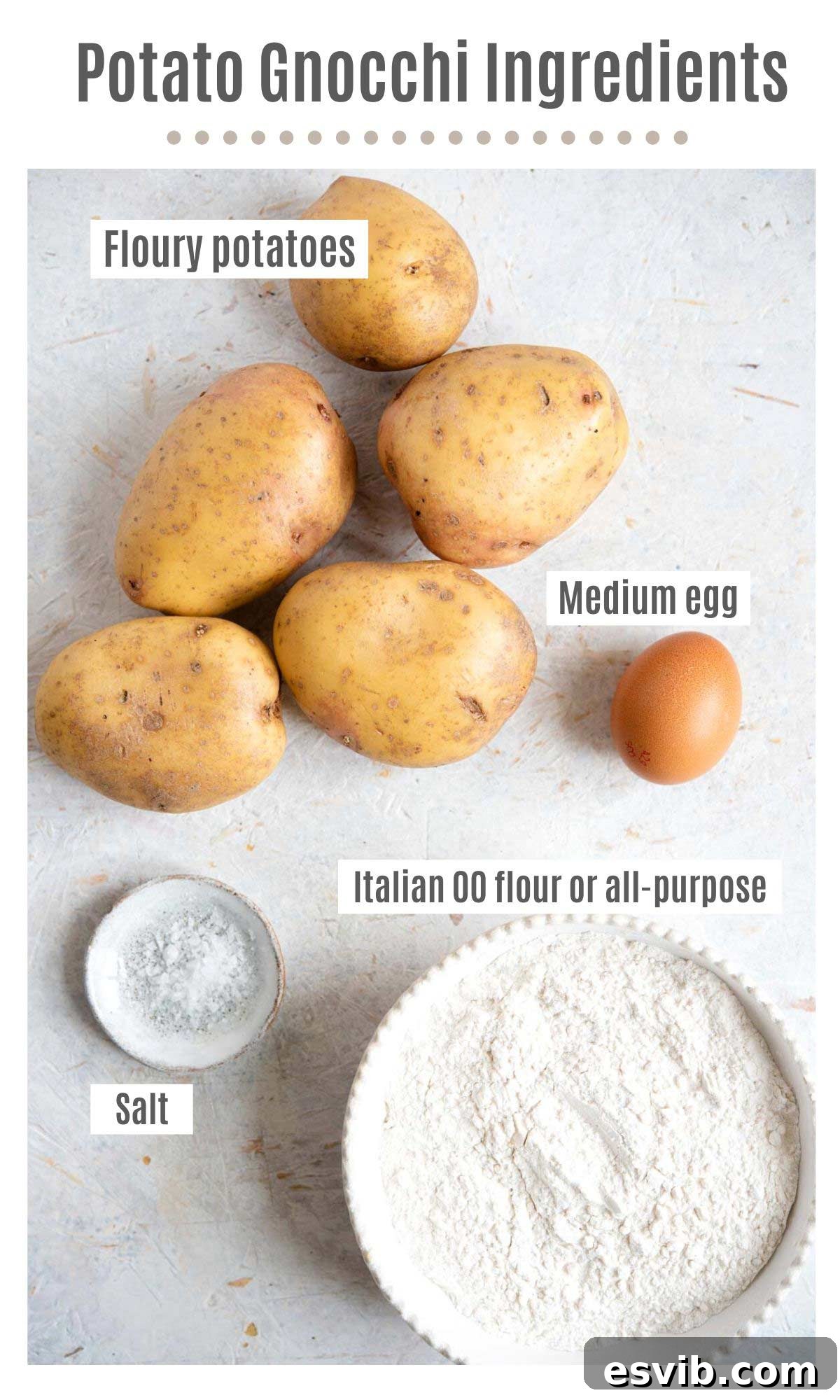 All the basic ingredients neatly arranged for making potato gnocchi: floury potatoes, a mound of flour, a single cracked egg, and a sprinkle of salt, symbolizing the simplicity of this authentic Italian recipe.