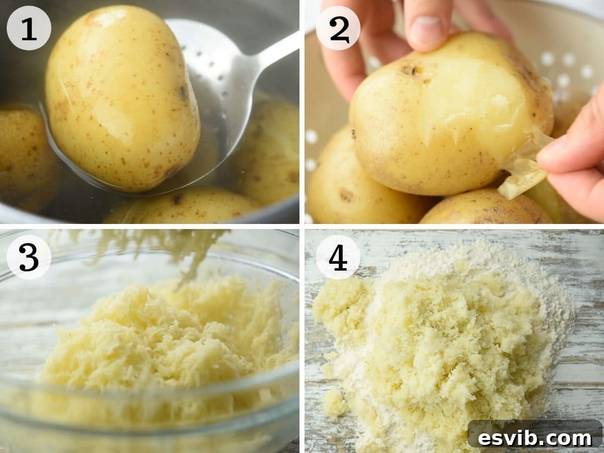 A series of three step-by-step photos illustrating the preparation of potatoes for gnocchi: first, boiling unpeeled potatoes in a pot; second, a hand peeling a warm potato; and third, ricing the warm, peeled potatoes onto a surface.