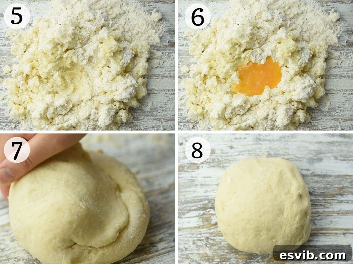A sequence of images showing the process of making gnocchi dough: riced potatoes and flour on a work surface, adding beaten egg and salt, and finally, gently kneading the mixture into a soft dough.