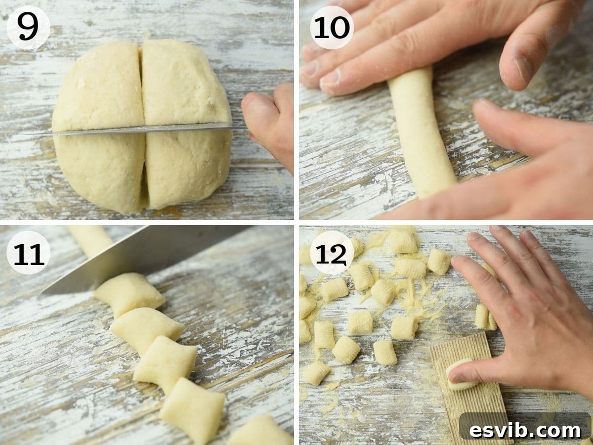 A series of photos demonstrating how to shape potato gnocchi: cutting a dough log into small pieces, and then rolling a piece along a gnocchi board to create ridges.