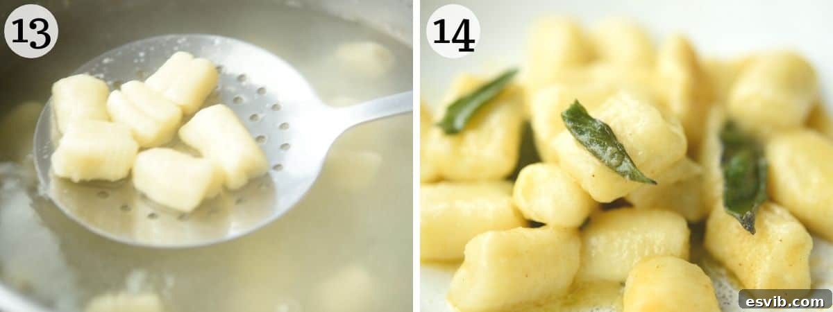 Two close-up photos demonstrating the final step of cooking gnocchi: first, gnocchi floating on the surface of boiling water, indicating they are cooked; second, gnocchi being carefully scooped out of the water with a slotted spoon.