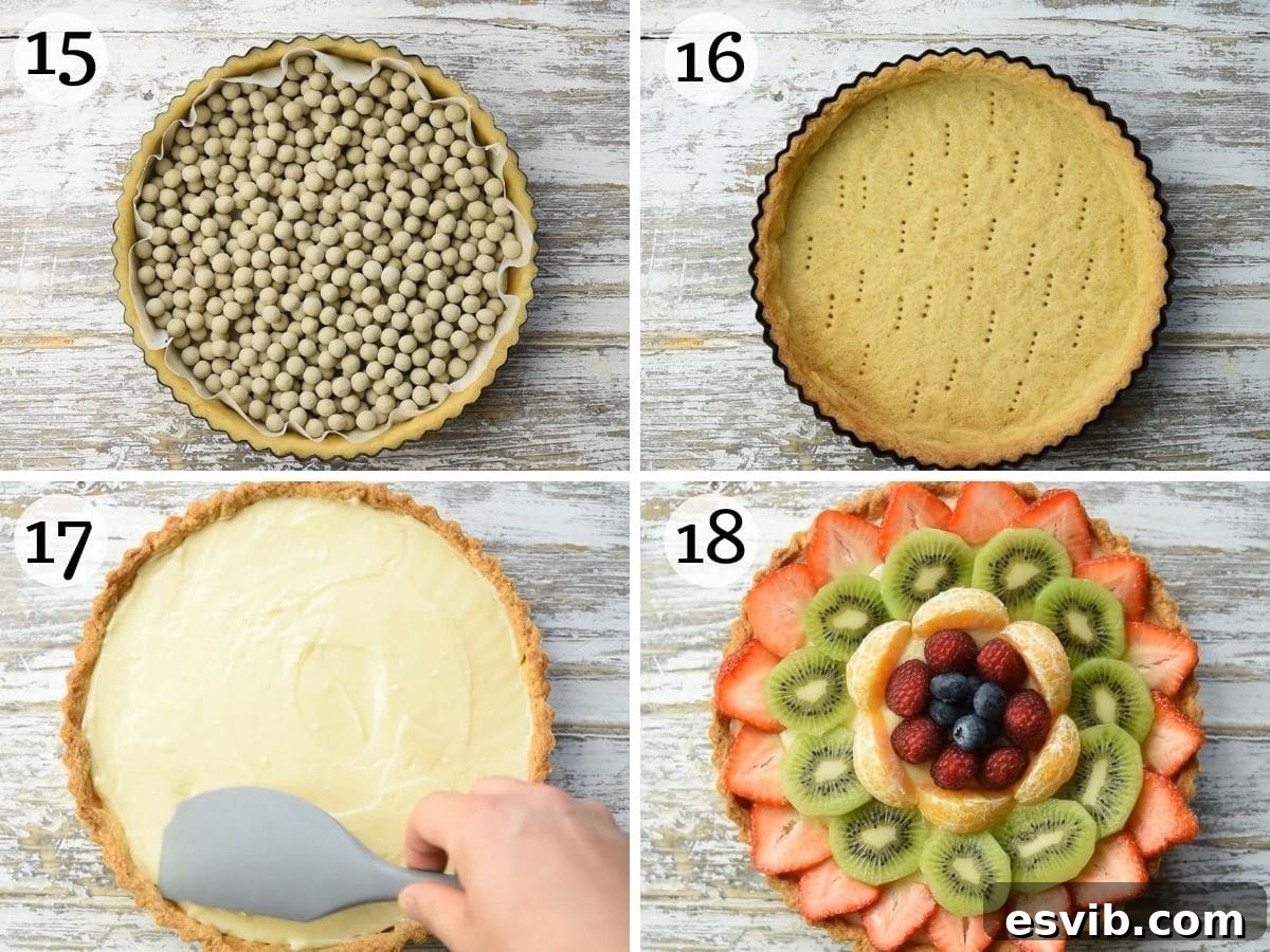 A series of step-by-step photos illustrating the final assembly of a Crostata di Frutta, showing the pastry cream filling and fresh fruit arrangement.