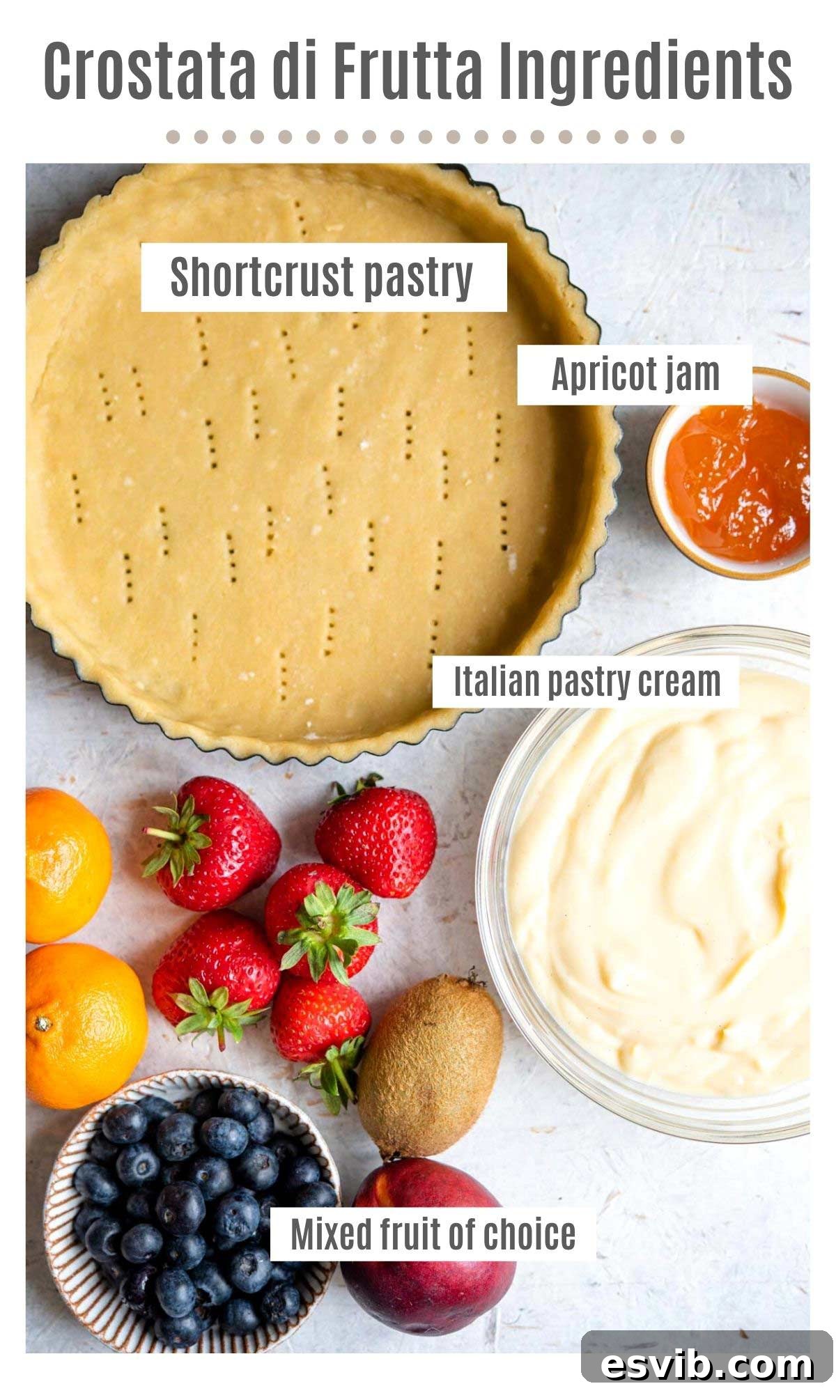 An overhead shot showcasing all the fresh, high-quality ingredients laid out for making a Crostata di Frutta, including flour, sugar, butter, eggs, milk, vanilla, lemons, various fresh berries, and apricot jam.