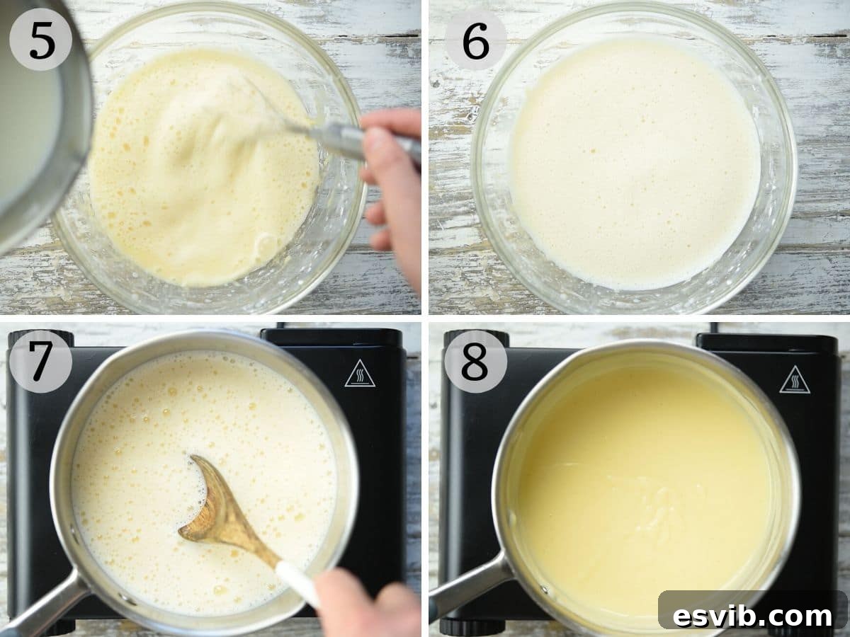 Two sequential photos showing the pastry cream thickening in a saucepan and then being transferred to a bowl with plastic wrap directly on its surface to cool.