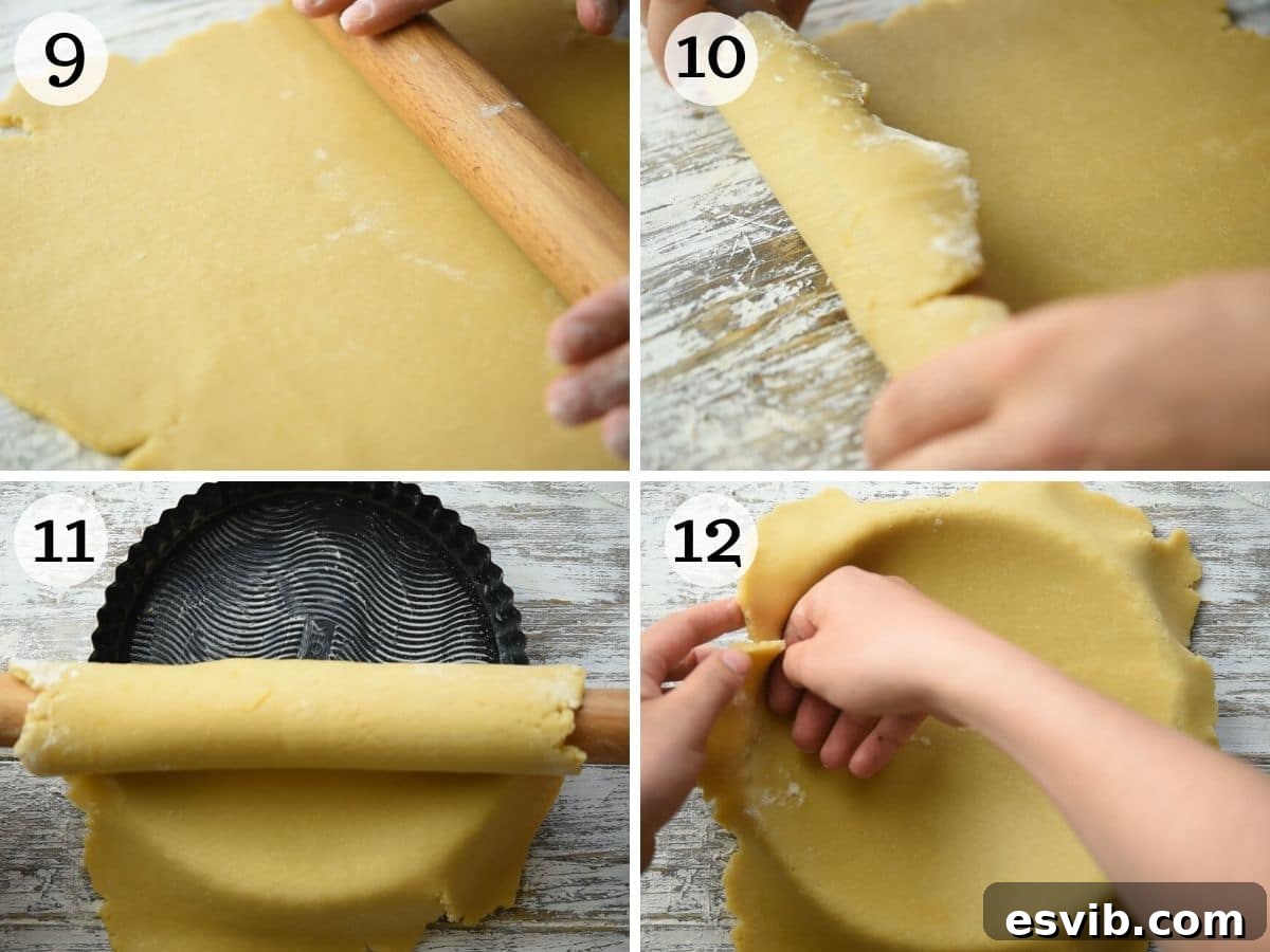 A detailed photo series showing how to roll out pastry dough and carefully line a tart pan, preparing it for blind baking.
