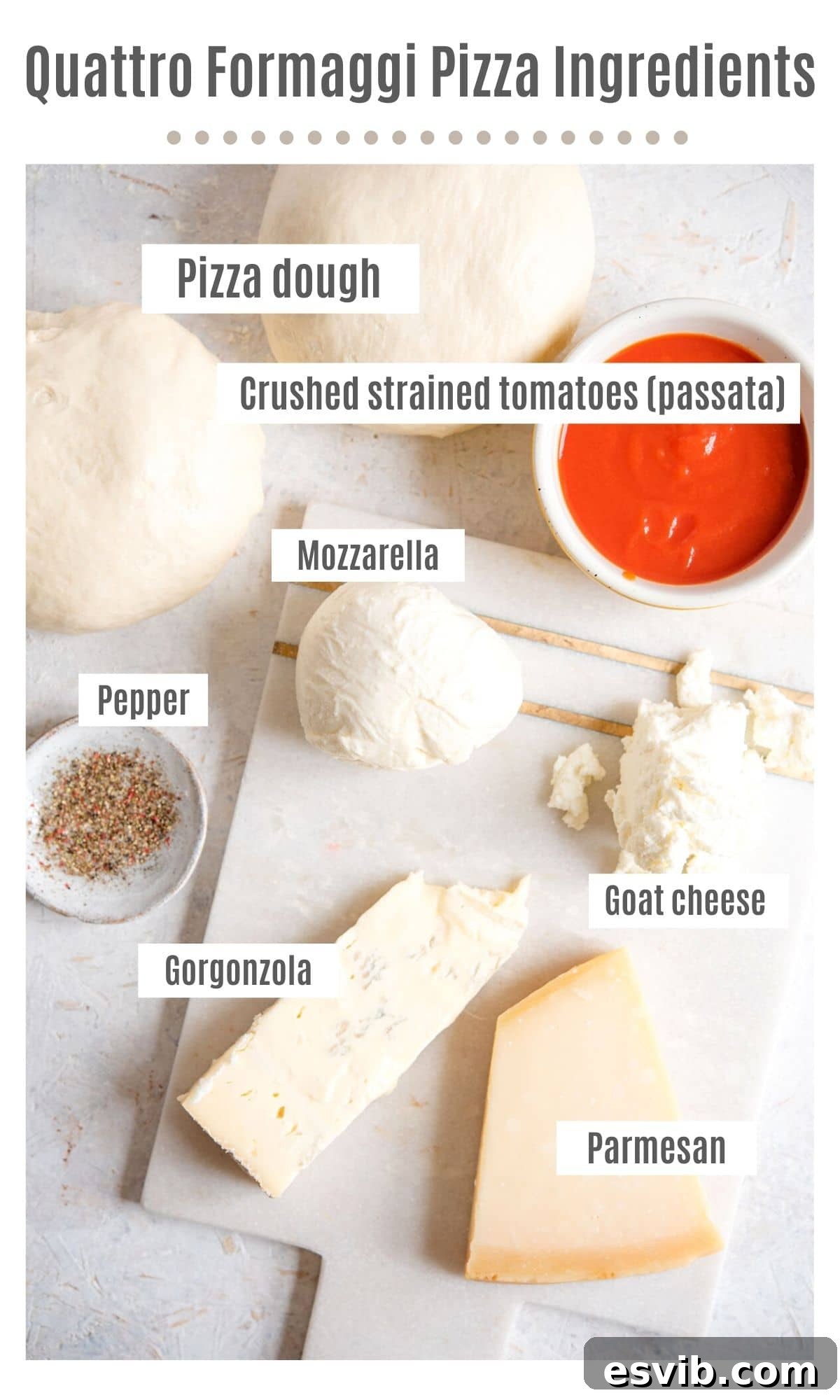 Four Cheese Pizza 3 An overhead shot showing all the essential ingredients laid out neatly on a rustic wooden table, ready to be transformed into a delicious Quattro Formaggi pizza. This includes flour, yeast, olive oil, tomato sauce, and the four star cheeses: mozzarella, gorgonzola, parmesan, and goat cheese.