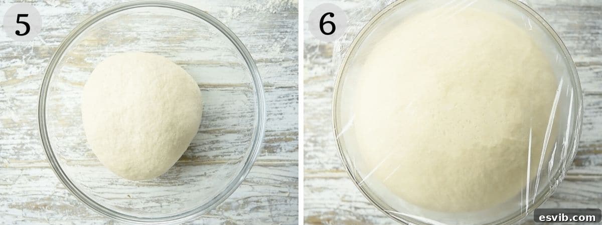 Four Cheese Pizza 5 Two photos showing the comparison of pizza dough before proving (smaller ball) and after proving (significantly larger, airy ball), demonstrating a successful rise.