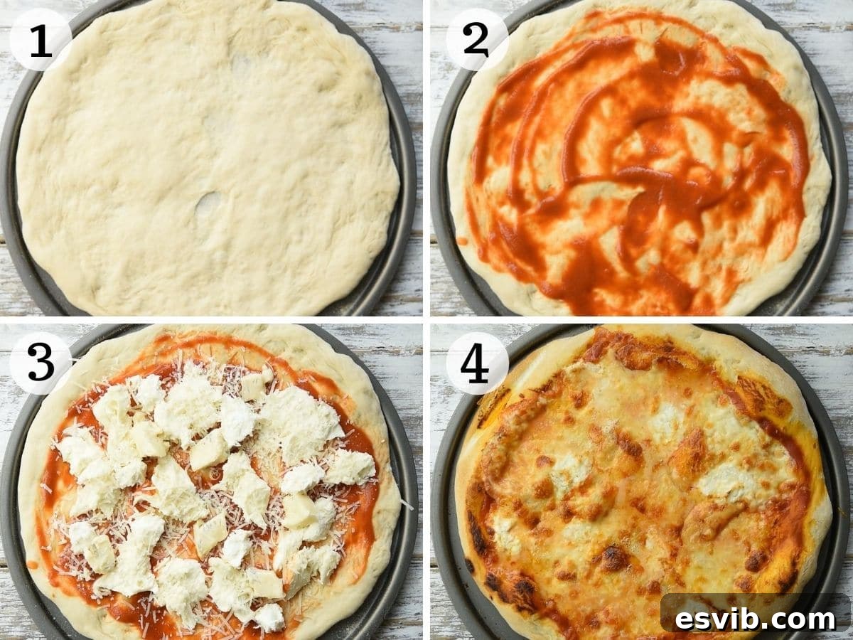 Four Cheese Pizza 6 Step by step photos illustrating the assembly of a quattro formaggi pizza, including shaping the dough, spreading tomato sauce, and topping with the four different cheeses.