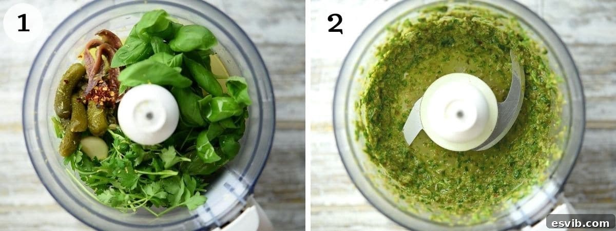 Zesty Italian Green Sauce 4 Two step-by-step photos illustrating the food processor method for making Italian Salsa Verde: first, all ingredients in the food processor; second, the blended salsa verde.
