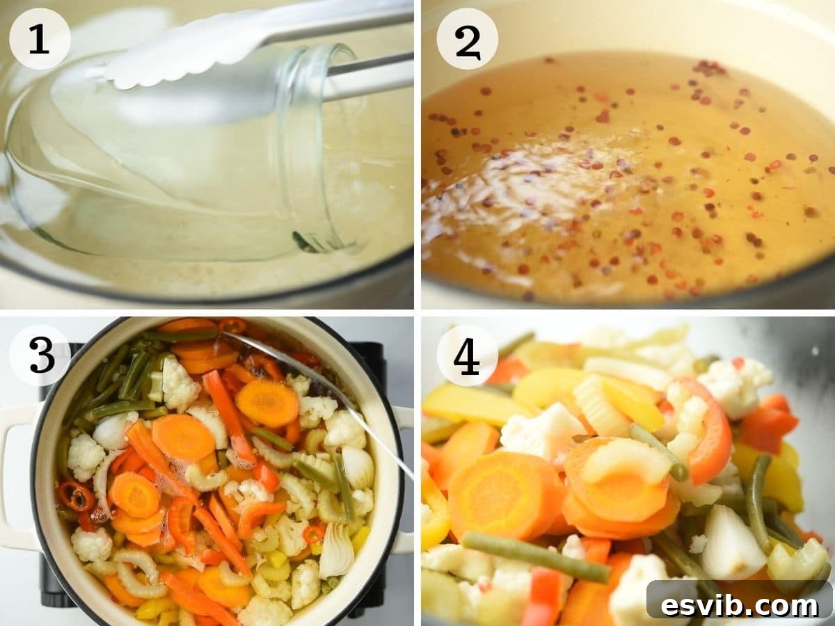 Italian Garden Style Pickles 3 Step-by-step photos showing the preparation of Giardiniera Italian Vegetables, including boiling the vegetables in brine