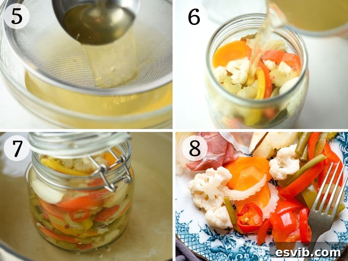 Italian Garden Style Pickles 4 Step-by-step photos showing how to can and seal Giardiniera Italian vegetables in jars
