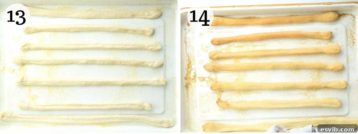 Grissini: Italy's Signature Crispy Breadsticks 4 Two side-by-side photos illustrating Italian Grissini breadsticks: one before baking, showing the stretched dough, and another after baking, displaying their golden, crispy perfection.