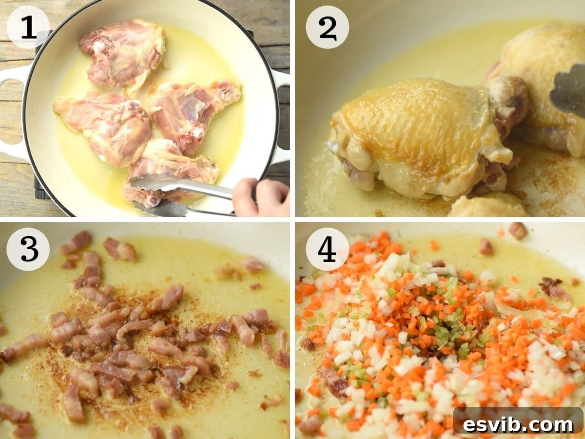 Rustic Hunter's Chicken 4 Step by step photos showing how to brown chicken and pancetta
