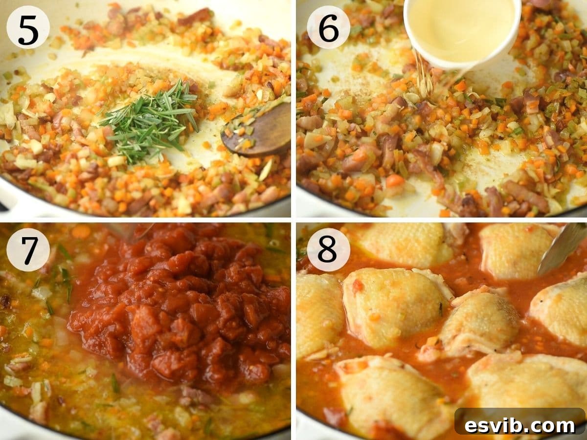 Rustic Hunter's Chicken 5 Step by step photos showing how to saute vegetables and prepare a chicken stew
