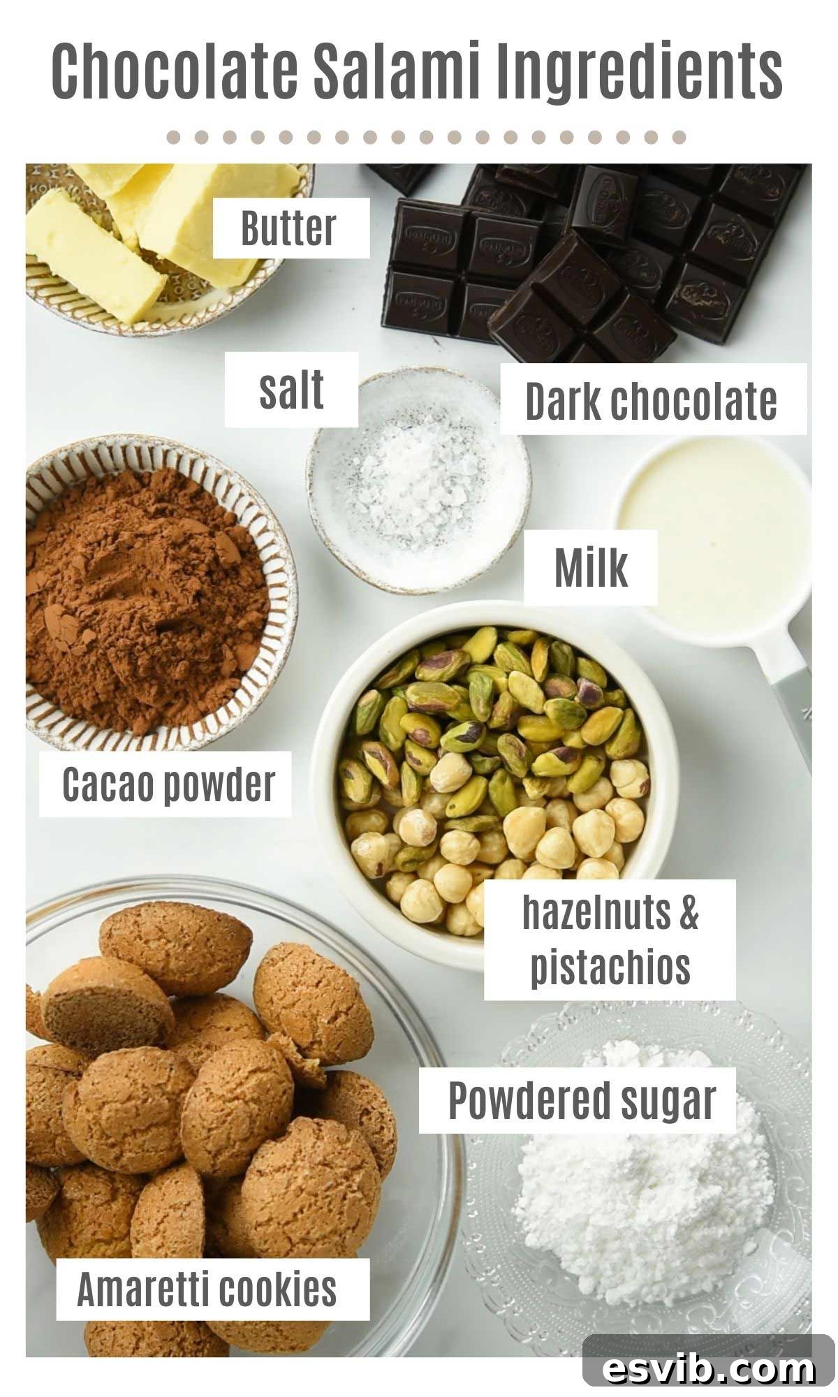 An overhead shot of all the ingredients you need to make chocolate salami, laid out neatly.