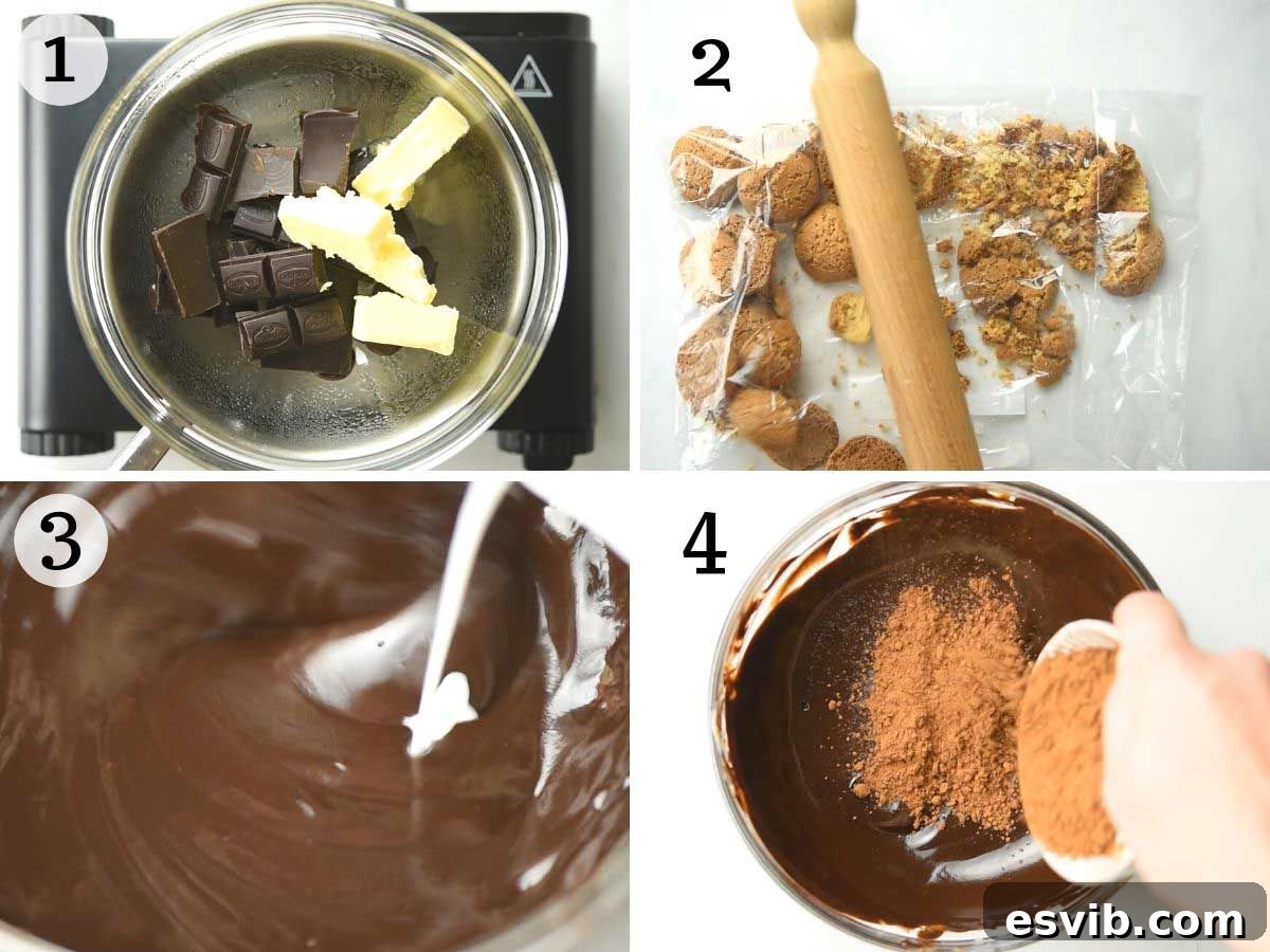 Step by step photos showing how to melt chocolate and crush cookies for chocolate salami.