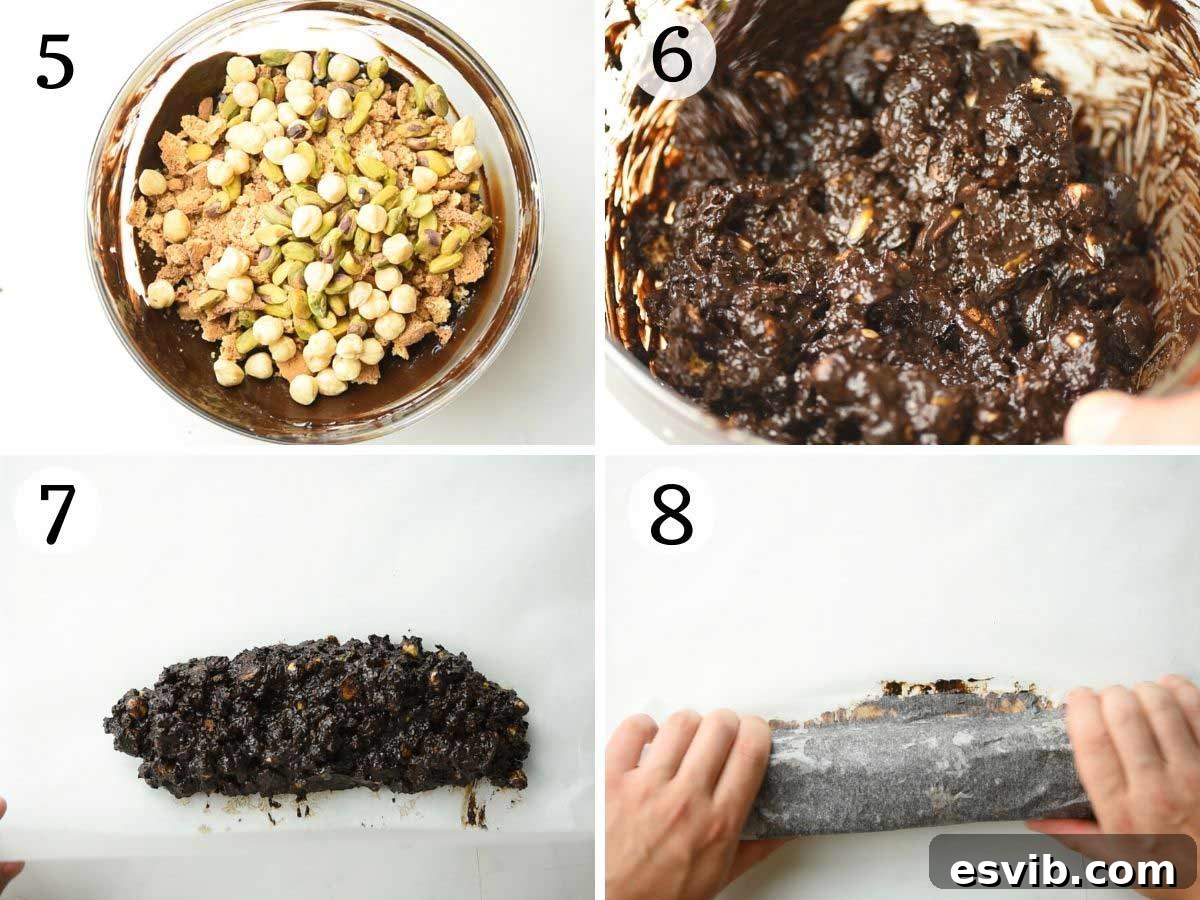 Step by step photos showing how to add nuts and cookies to melted chocolate mixture.
