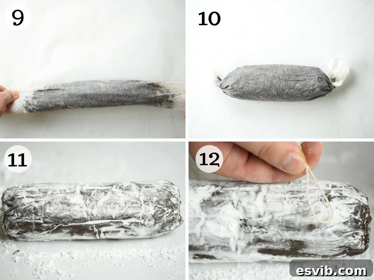 Step by step photos showing how to roll a chocolate salami into a log and dust it in powdered sugar for a realistic finish.