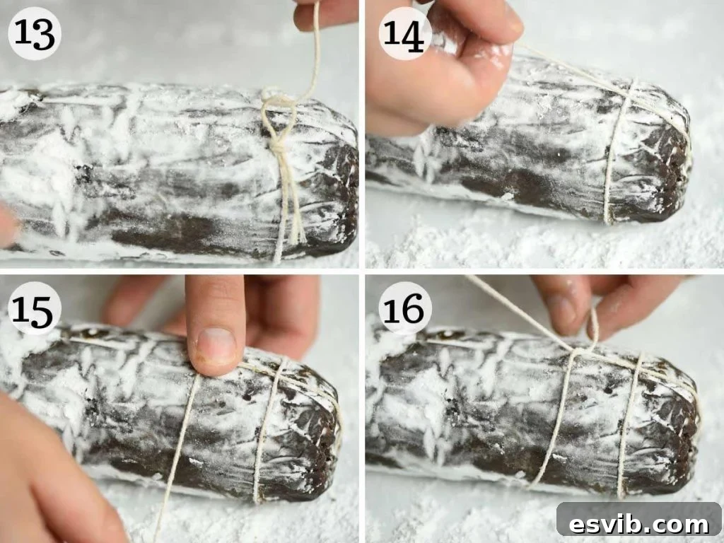 Step by step photos showing how to tie a chocolate salami with kitchen string for a realistic effect.