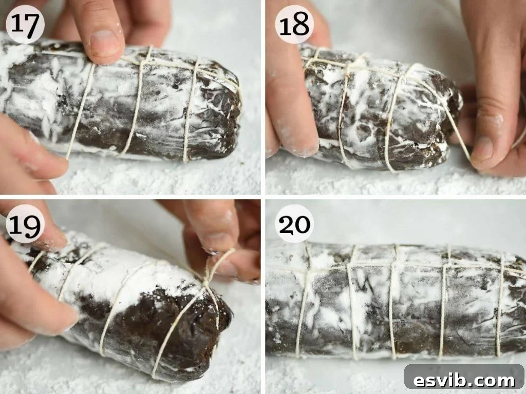 Step by step photos showing the final steps of making a chocolate salami, including tying and dusting.