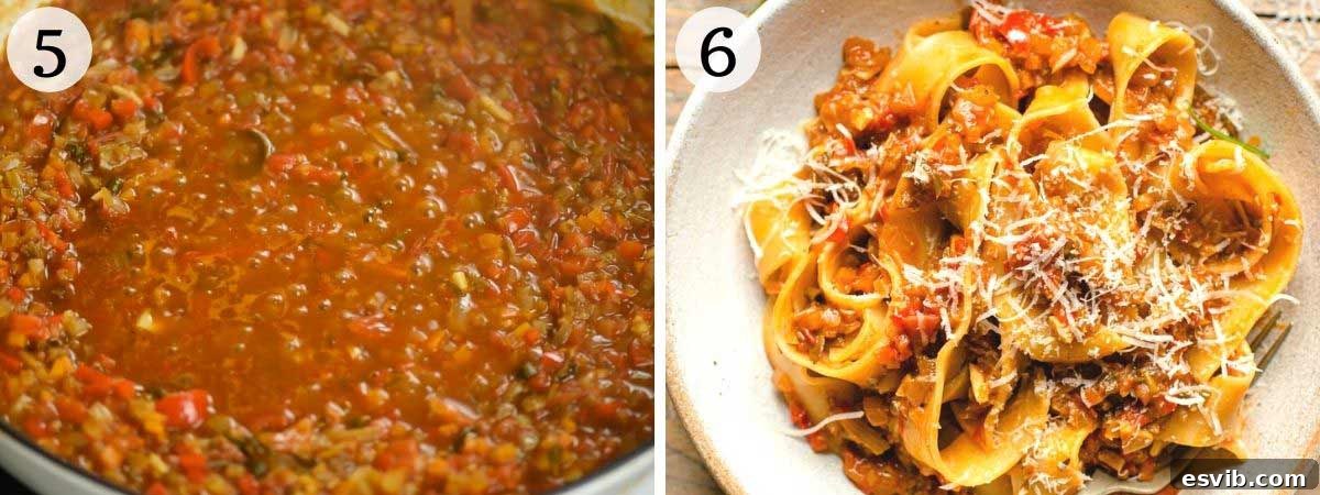 Rustic Vegetable Ragu Pappardelle 5 Two photos showing a how vegetable ragu should look once cooked