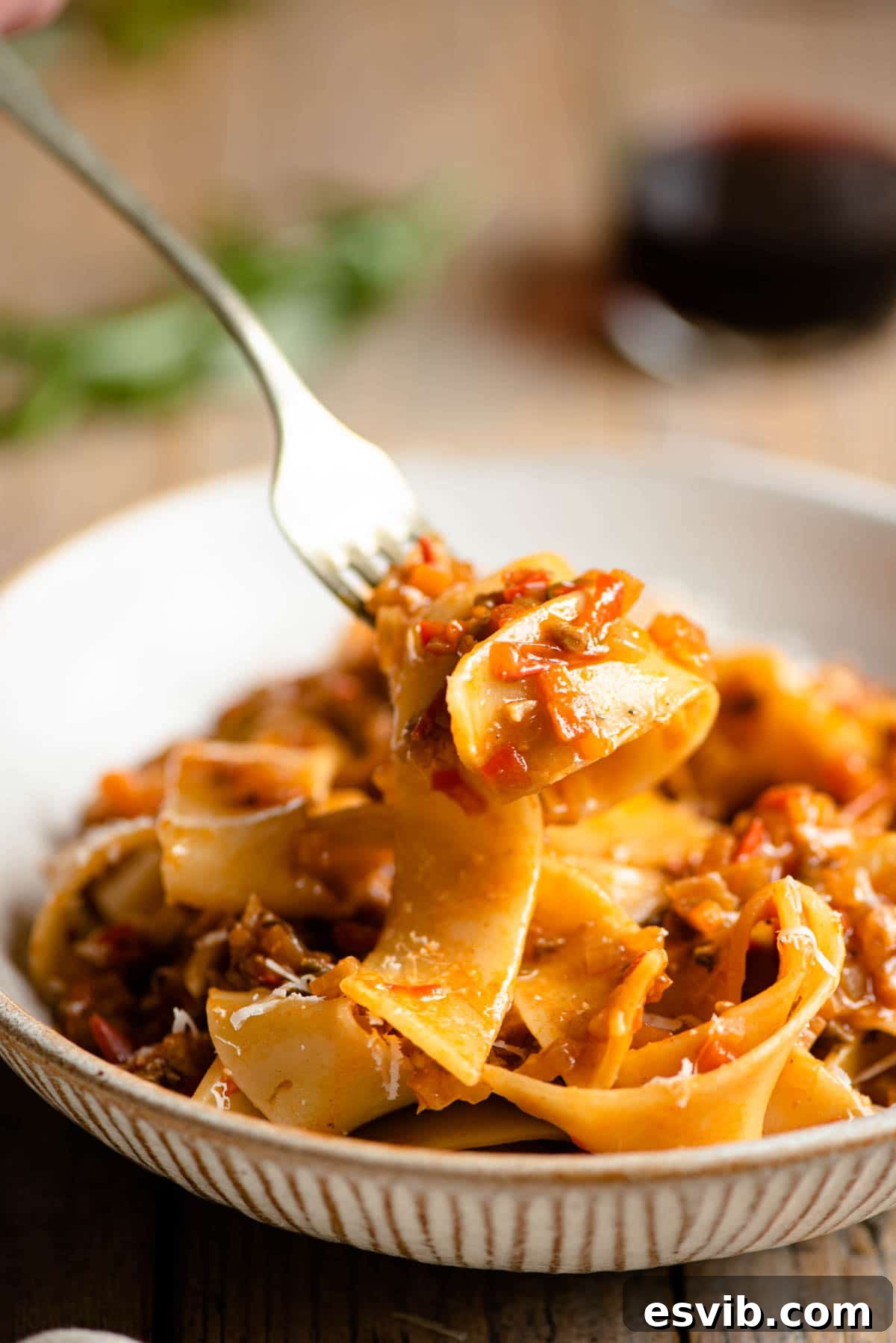 Rustic Vegetable Ragu Pappardelle 6 A close up of a forkful of pasta with vegetable sauce